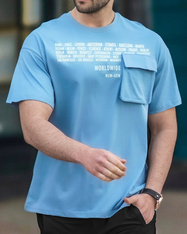 Men Skyblue Round Neck Half Sleeve Flap Pocket T-shirt