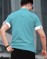 Men Polo Collar Skyblue White Contrast T-shirt