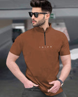 Men High Neck Brown Half Sleeve Zipper T-Shirt