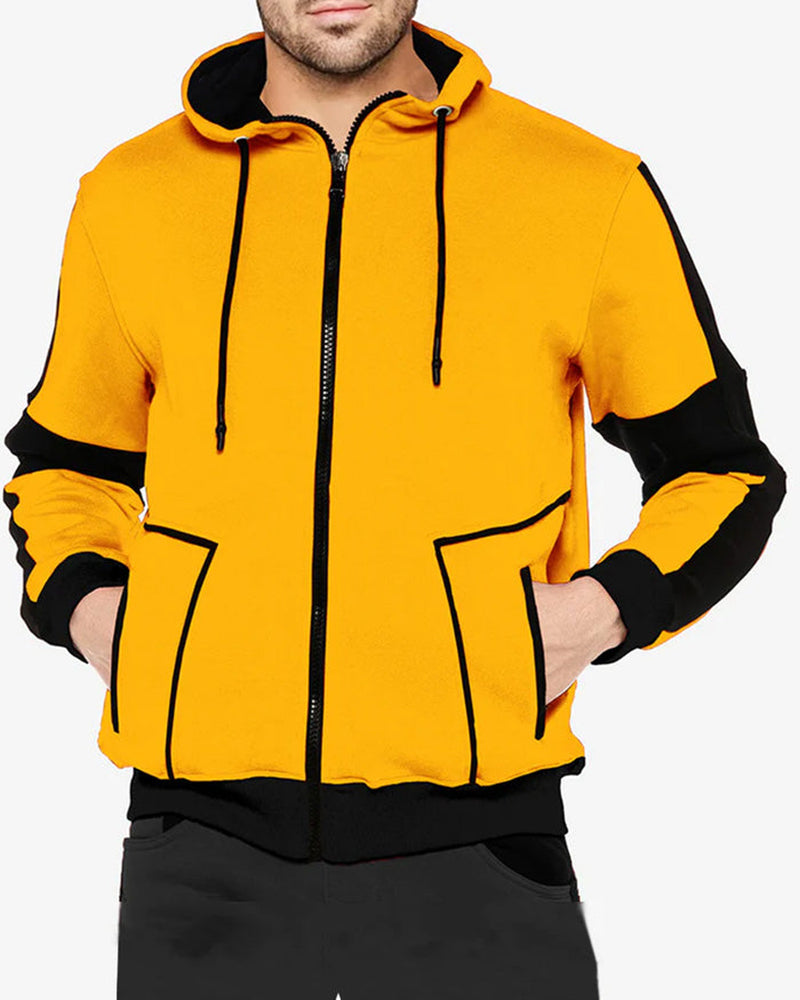 Men Yellow Black Contrast Casual Hooded Jacket