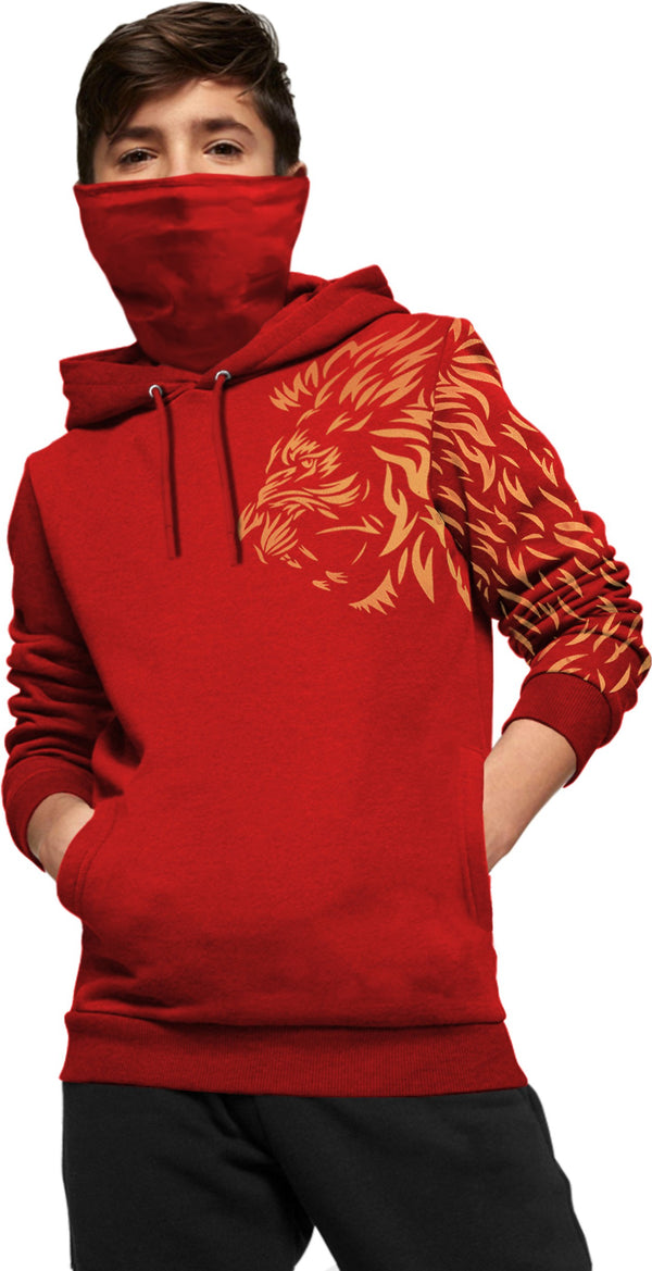 Boys Hooded Full Sleeve Lion Printed Sweatshirt / Red