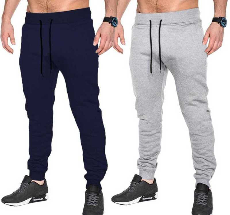 Solid Men Dark Blue, Grey Track Pants (Pack Of 2)