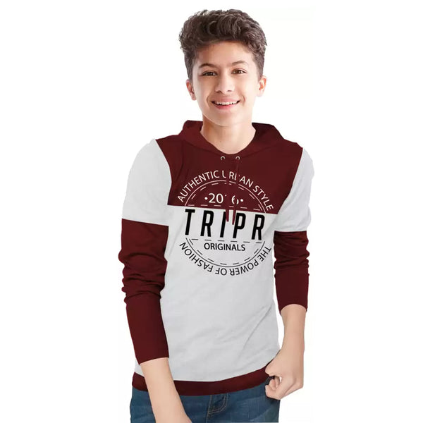 Tripr Kids Printed Cotton Blend T Shirt Maroon