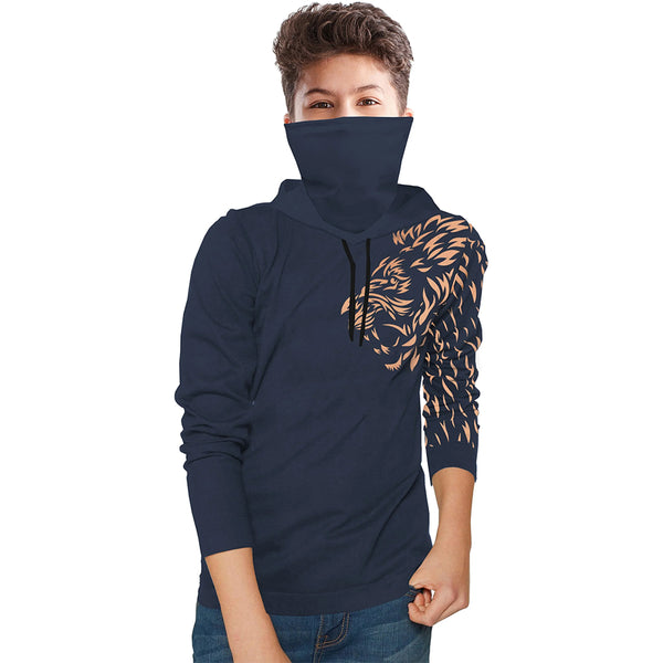 Boys Full Sleeve Hooded  Lion Mask Printed T-Shirt / Navy Blue