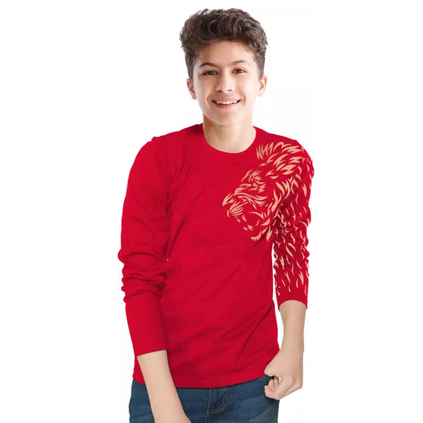 Kids Lion Printed Full Sleeve Cotton Blend T Shirt / Red