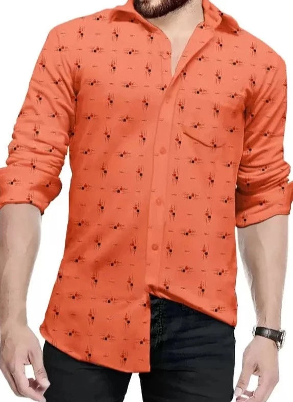 Men Printed Casual Full Hand Shirt / Orange