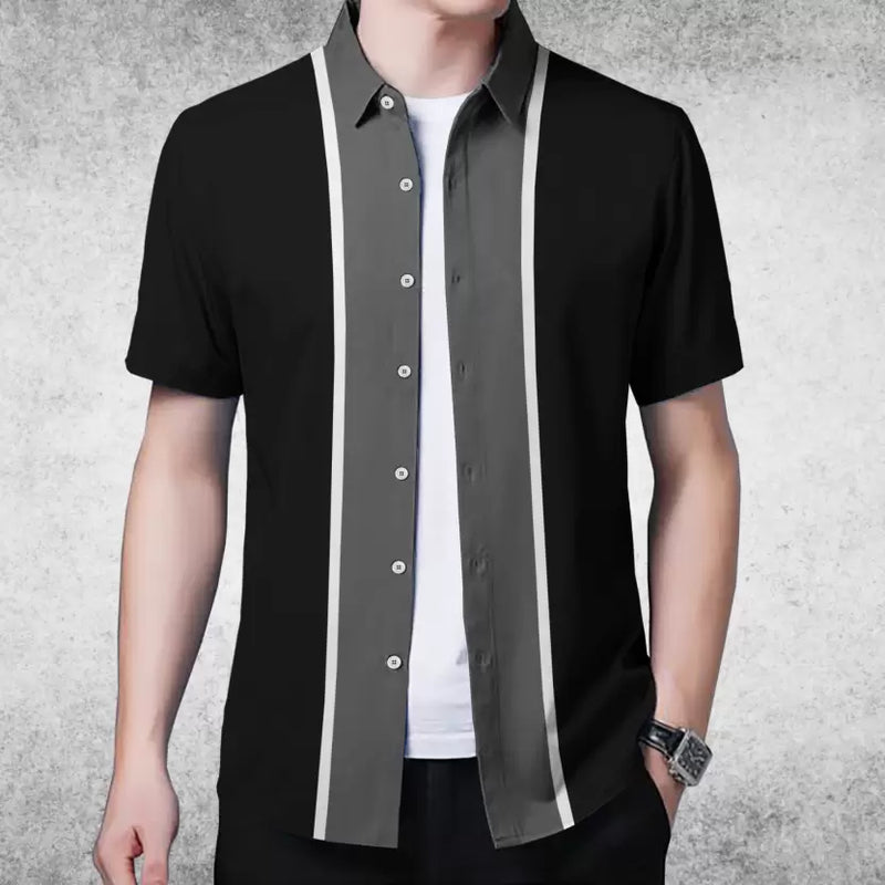 Men Striped Casual Black, Grey Half Hand Shirt